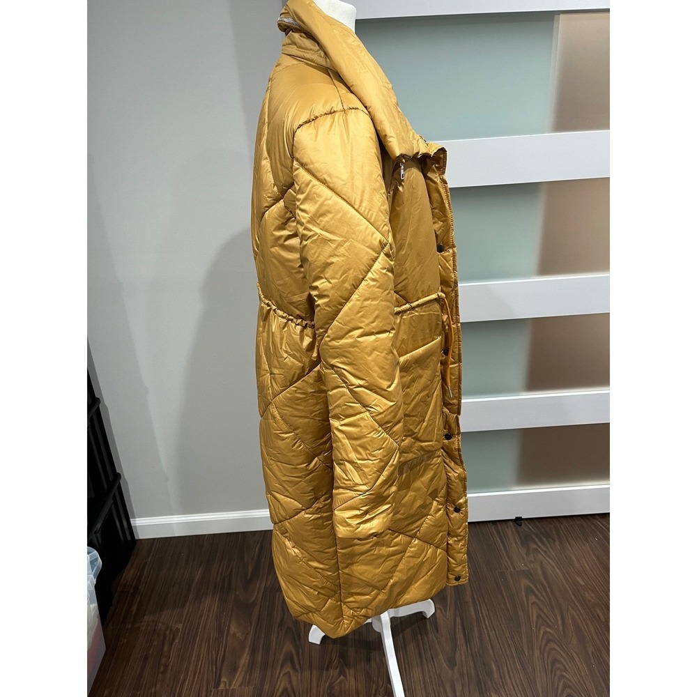 Mustard Yellow Quilted Longline Puffer Coat with Oversized Collar Size S - Picture 4 of 12